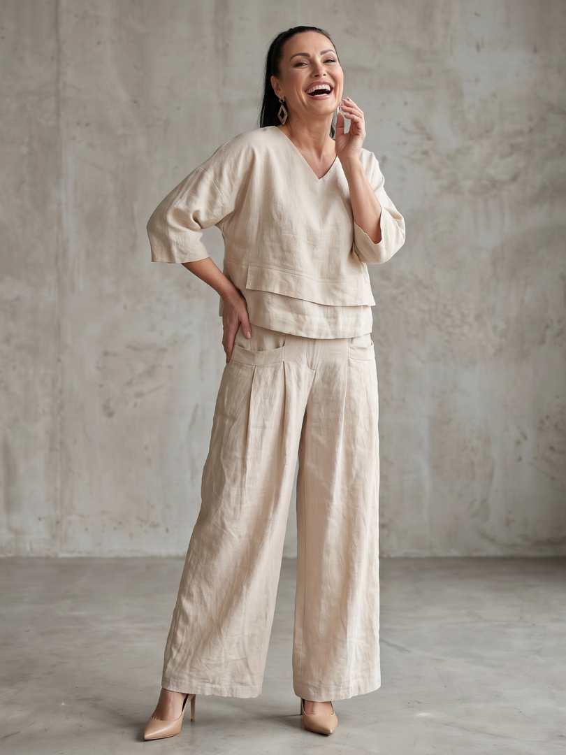 V-Neck Layered Top and Wide Leg Pants Two Piece Set 5