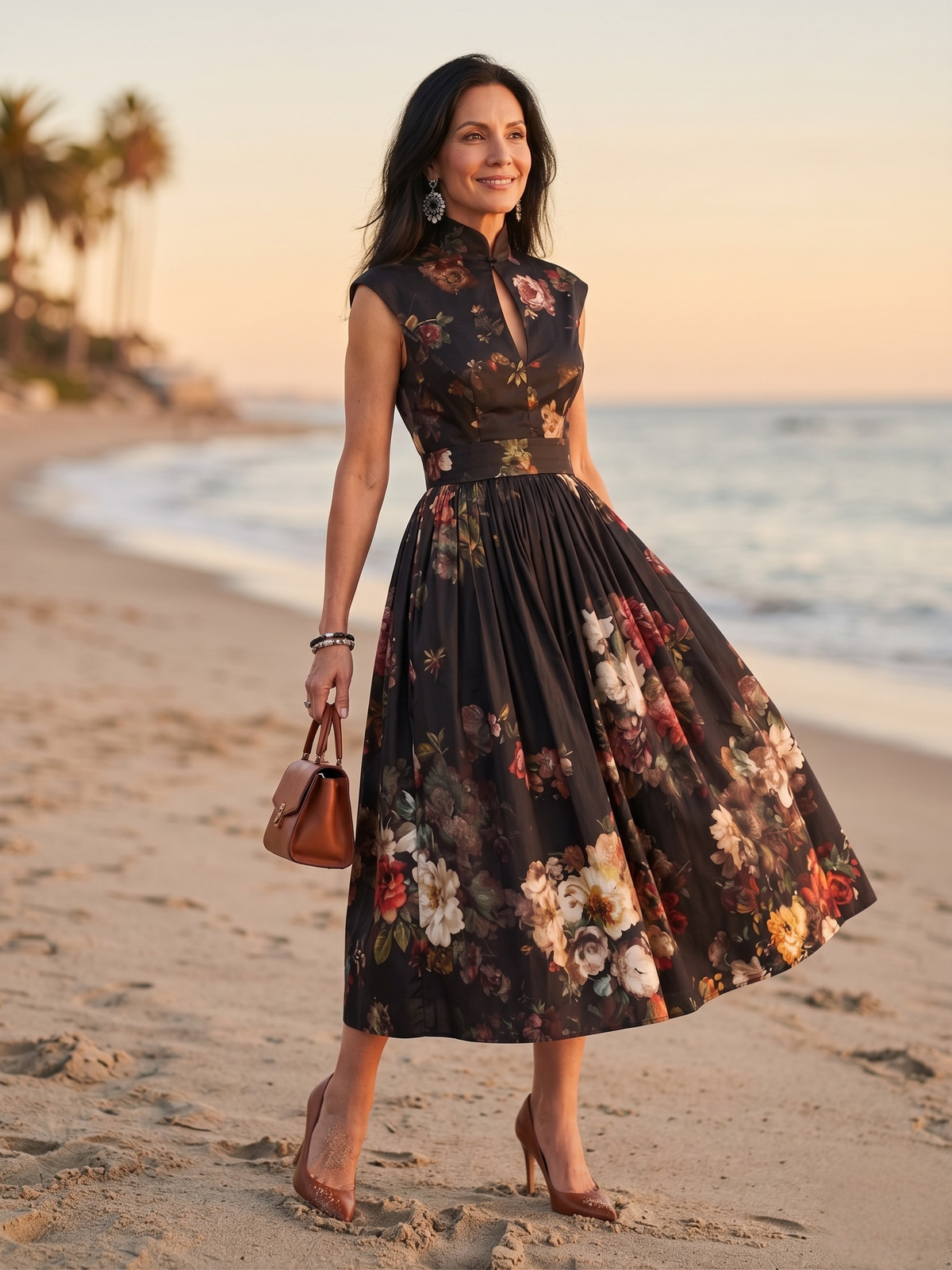 Floral High Neck Keyhole Cap Sleeve Midi Dress