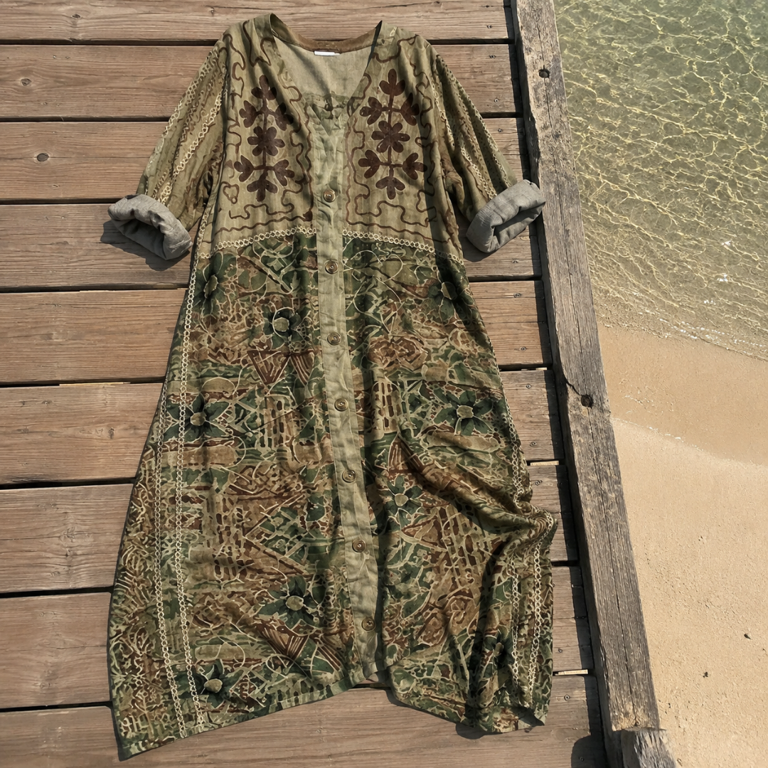 Patchwork Print V-Neck Button Front Handkerchief Hem Maxi Dress 4