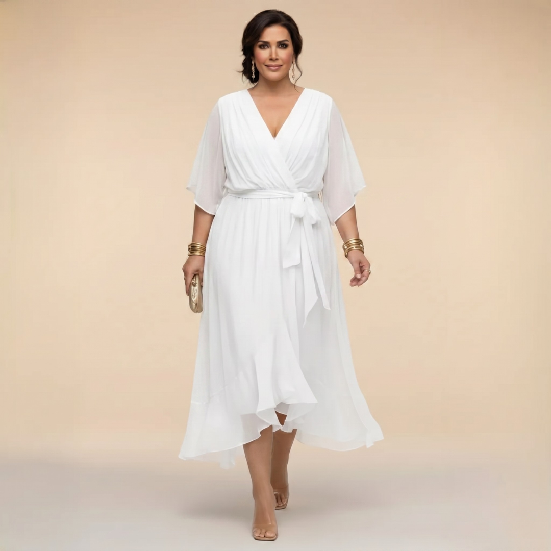 Deep V-Neck Flutter Sleeve Wrap Belted High Low Midi Dress 6