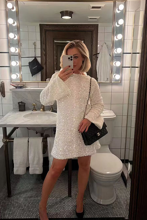 Sequin Long Sleeve Open Back Bow Tie Mini Dress - View 4