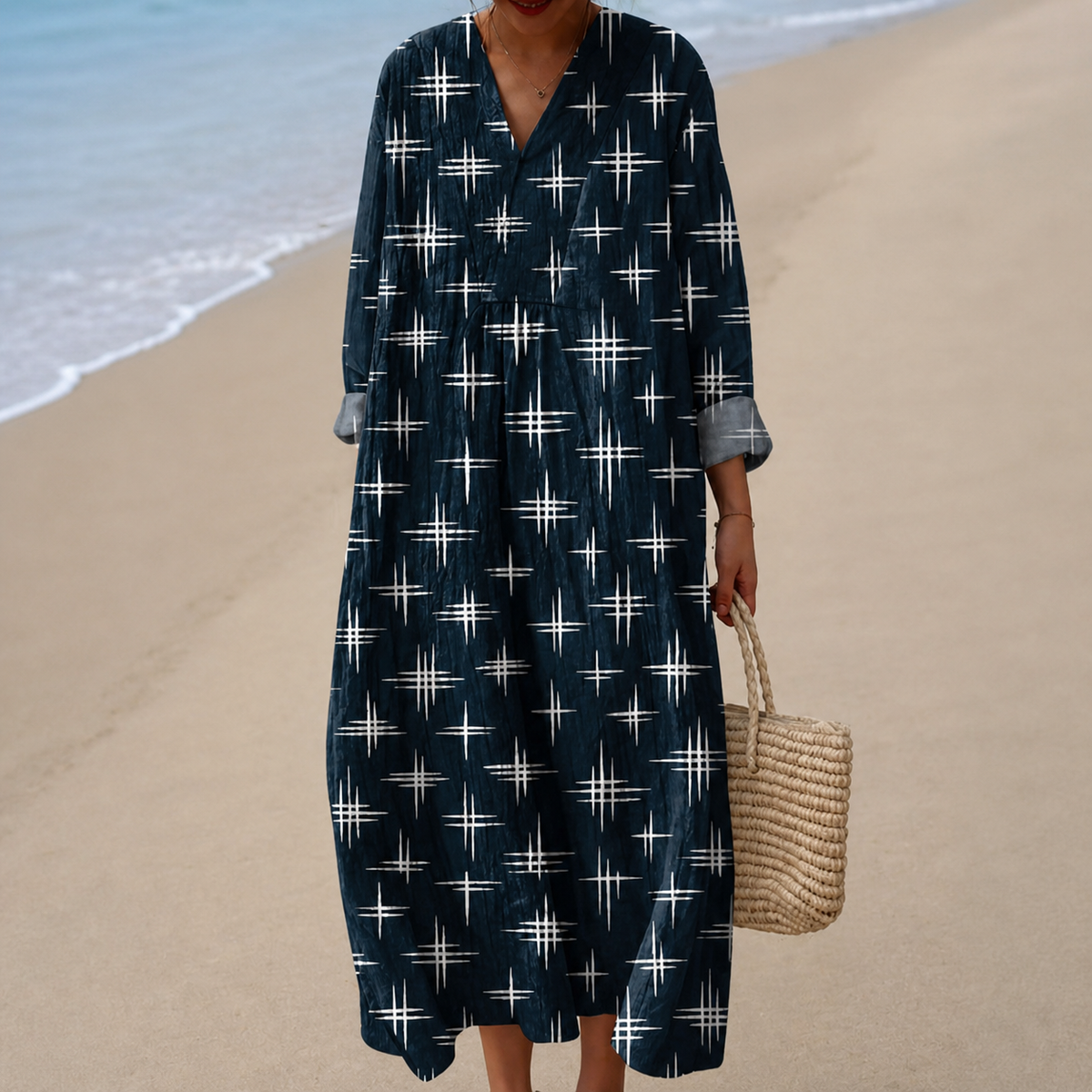Cross Print V-Neck Long Sleeve Maxi Dress