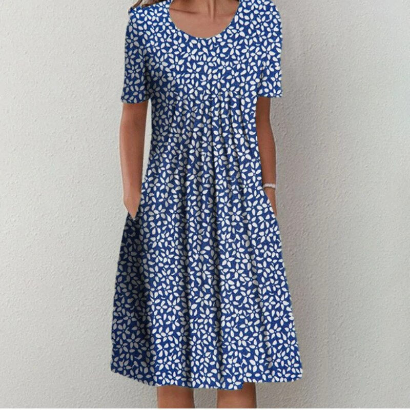Short Sleeve Scoop Neck Gathered Bodice Pocket A-Line Midi Dress - View 4