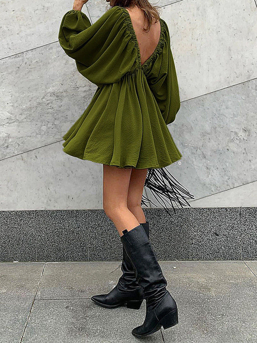 Deep V-Neck Balloon Sleeve Ruched Babydoll Mini Dress 6