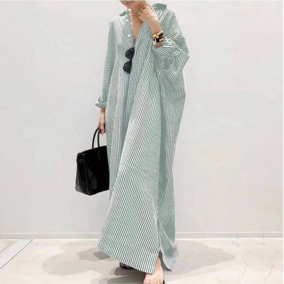Striped Long Sleeve Button Front Oversized Shirt Maxi Dress 7