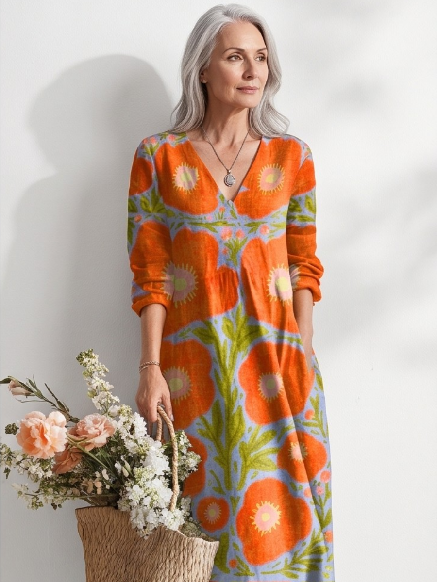 Floral Print V-Neck Long Sleeve Linen Maxi Dress 2