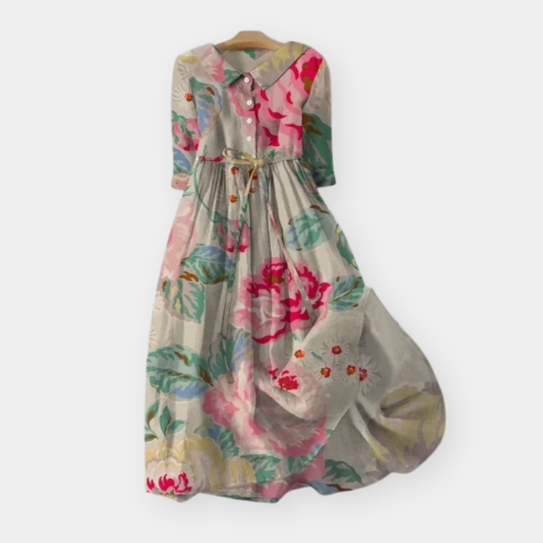 Floral Collared Button Front Tie Waist Midi Dress