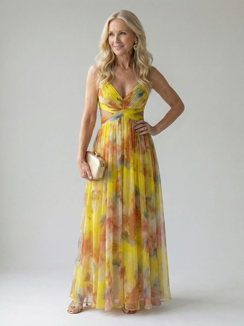 V-Neck Spaghetti Strap Floral Tulle Maxi Dress 5