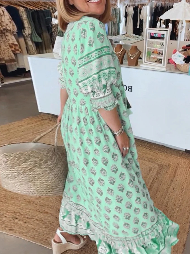 Floral Print V-Neck Bell Sleeve Tiered Boho Maxi Dress 6