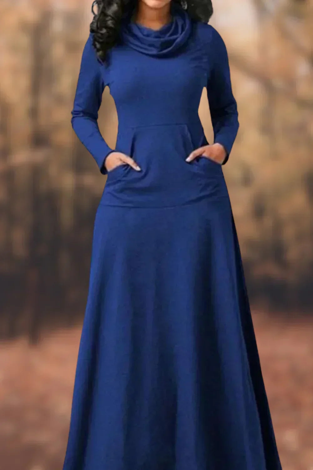Knit Cowl Neck Long Sleeve Kangaroo Pocket Maxi Dress - View 2