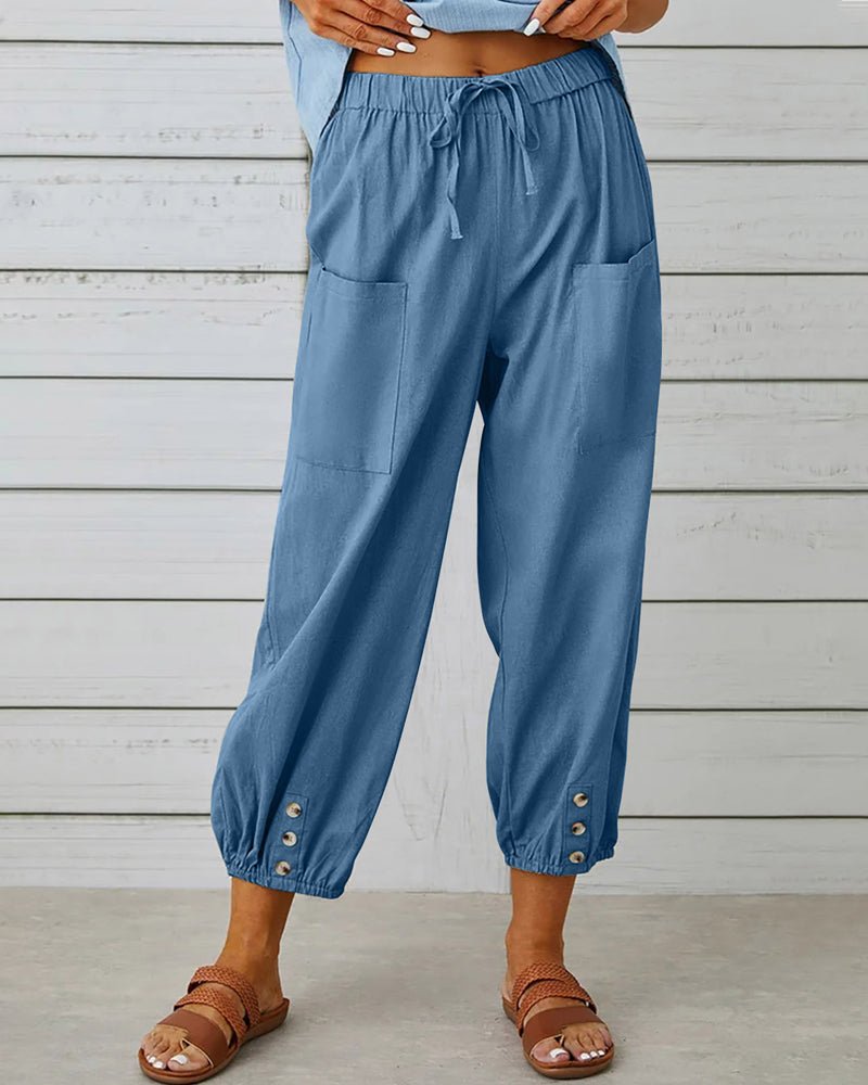 High Waist Drawstring Button Cuff Tapered Pants