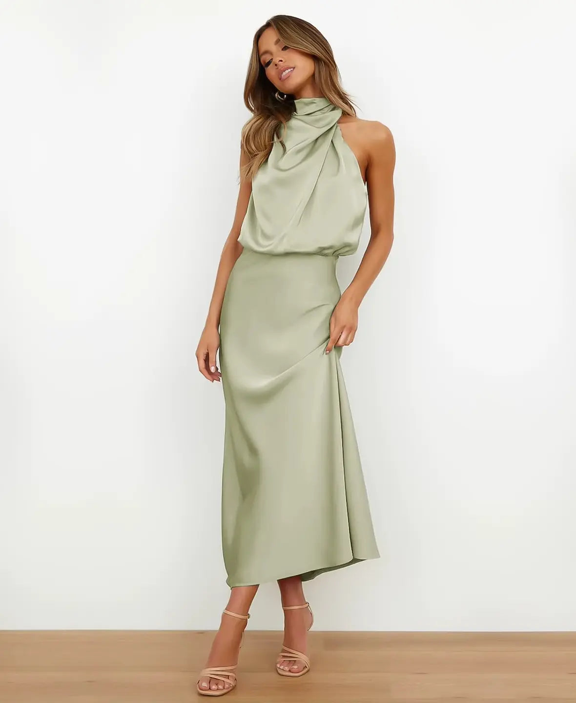 Satin Halter Neck Draped Cowl Bias Midi Dress 14