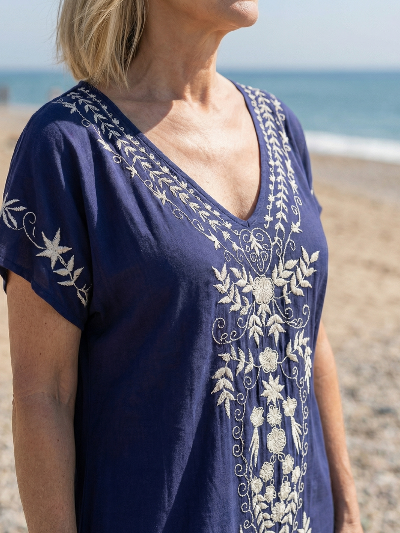 V-Neck Short Sleeve Embroidered Floral Kaftan Maxi Dress 7