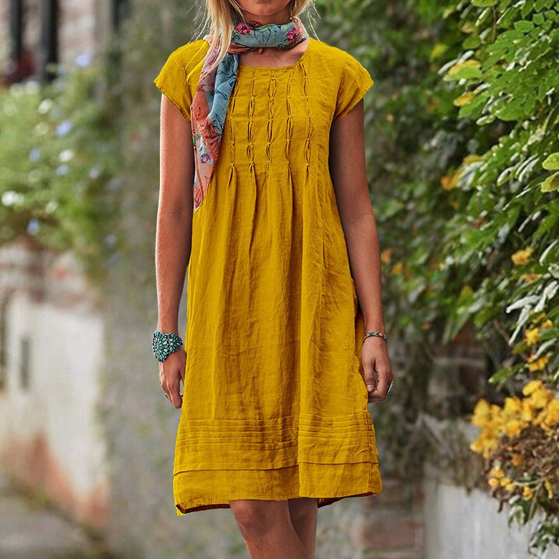 Short Sleeve Pintuck Gathered Front Tiered Band Hem Knee Dress - View 4
