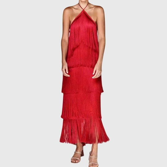 Halter Neck Tiered Fringe Maxi Dress 3
