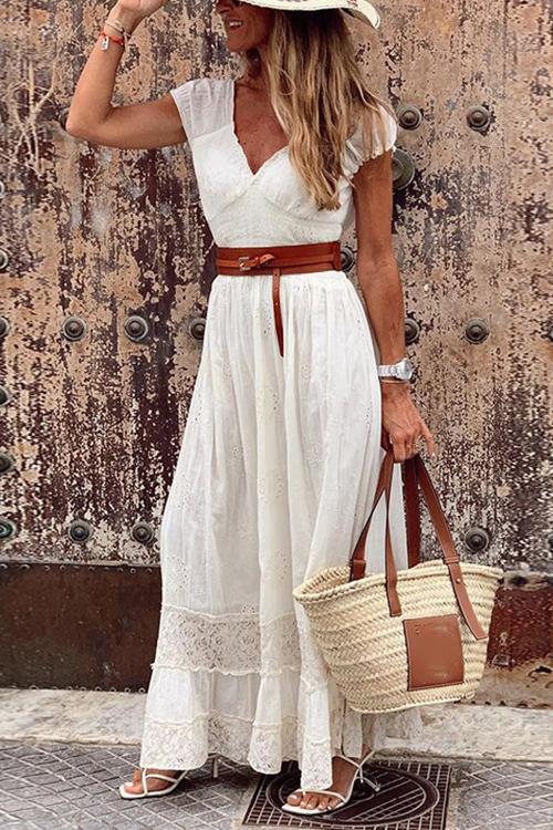Eyelet V-Neck Puff Sleeve Gathered Waist Tiered Floral Maxi Dress - View 3