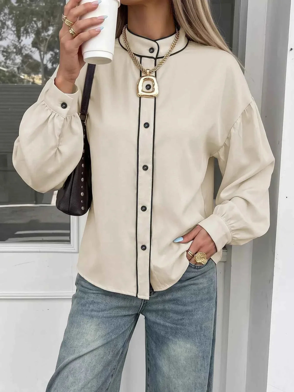 Contrast Trim Long Sleeve Shirt