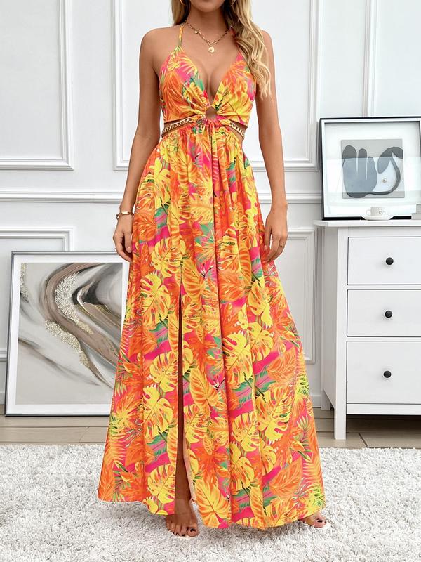 Floral Print Halter Neck Cut Out High Split Maxi Dress 4