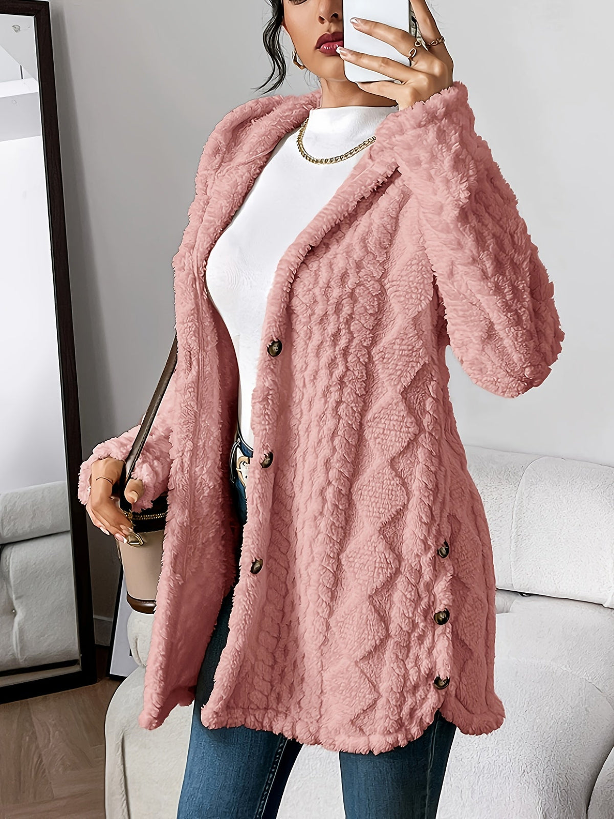 Textured Fleece Hooded Button Front Cardigan Coat 12