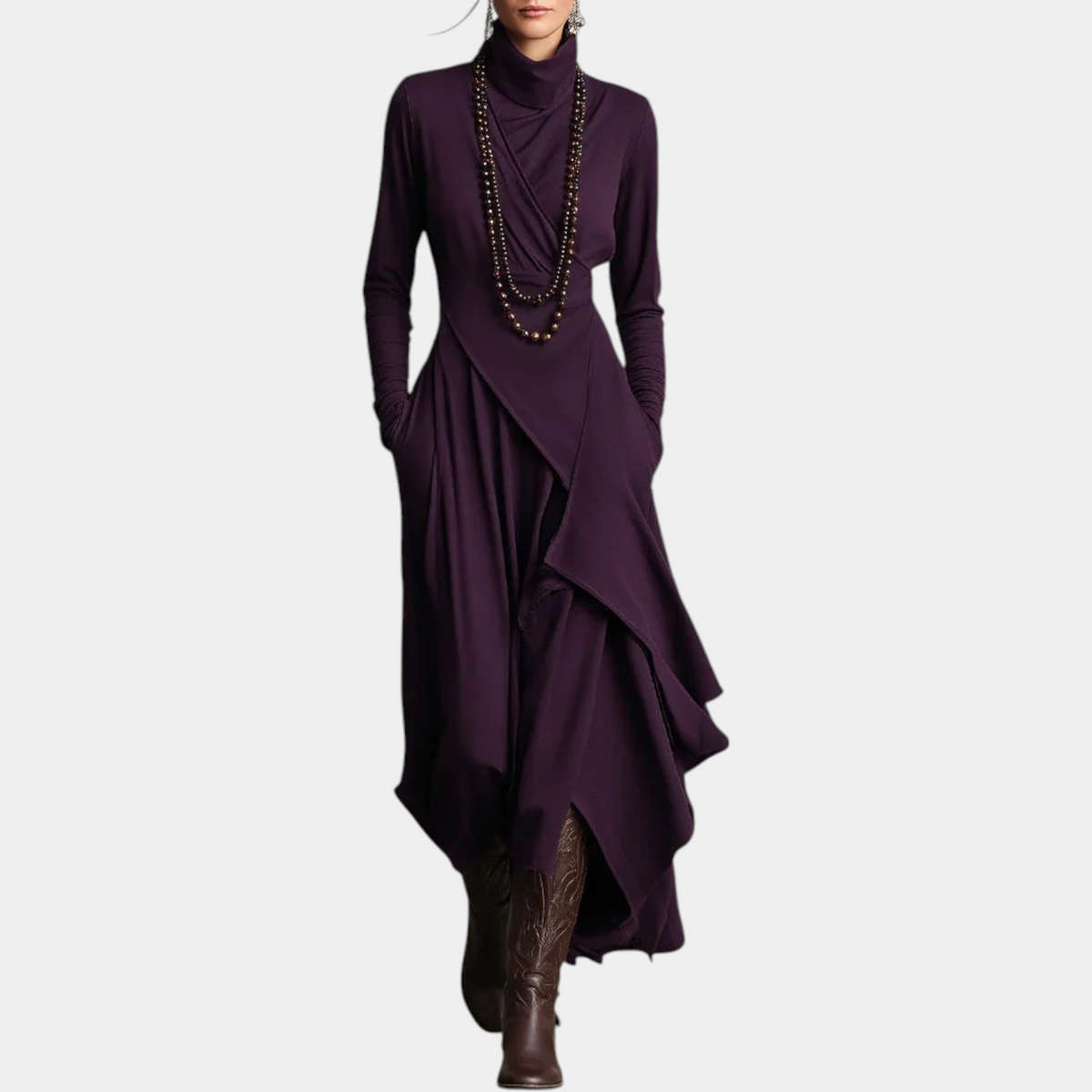 Turtleneck Long Sleeve Asymmetric Draped Maxi Dress