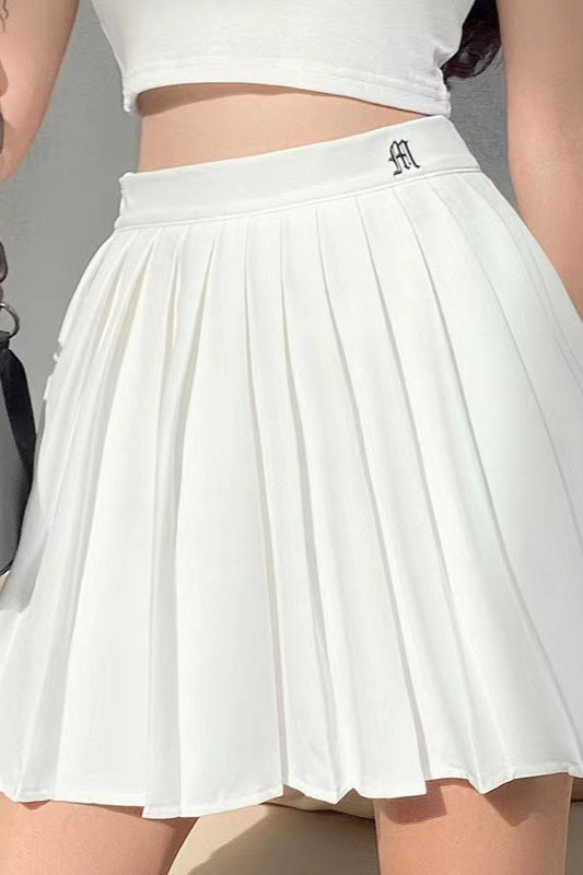 High-Waist Pleated Denim Mini Skort