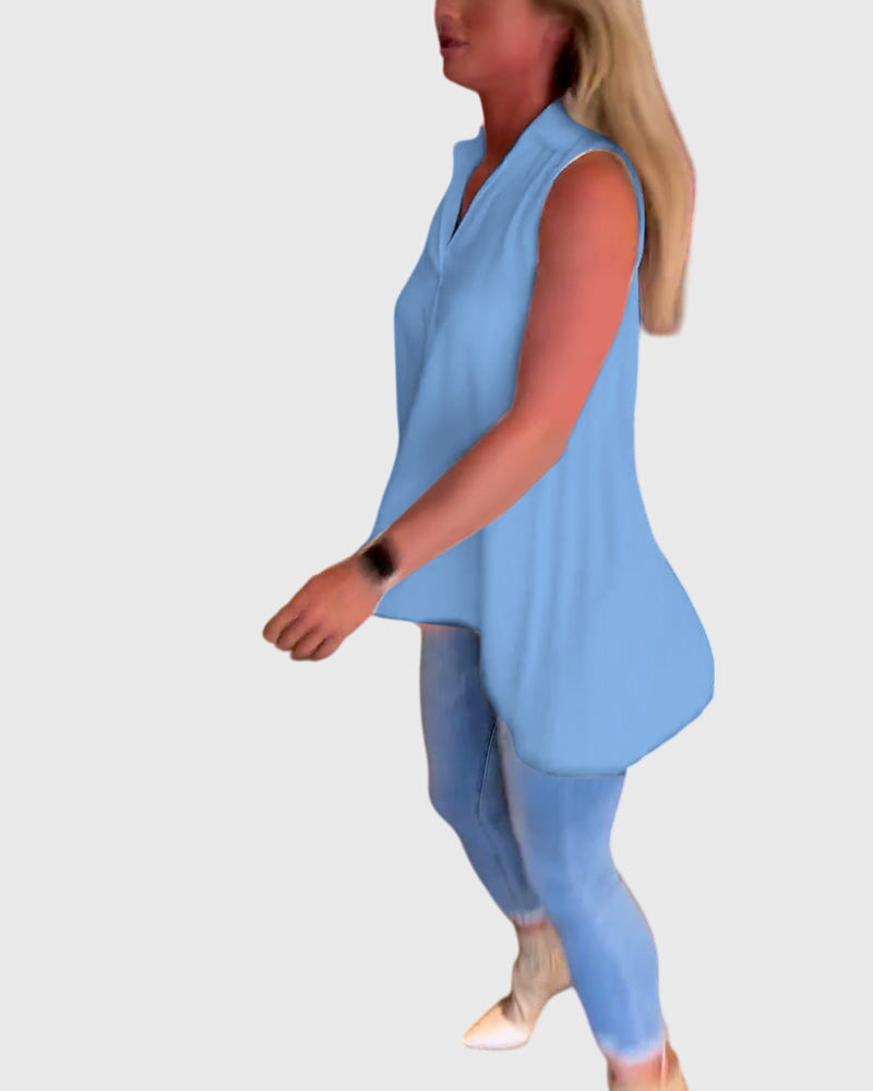 Collared Sleeveless High Low Blouse 8