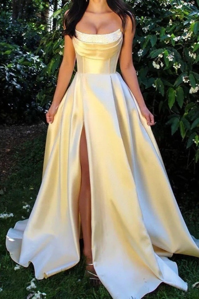 Satin Strapless Beaded High Split A-Line Ball Gown