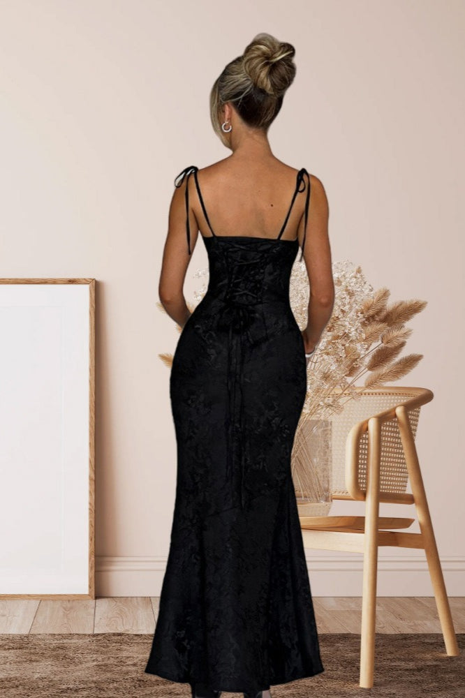 Square Neck Tie Strap Jacquard Mermaid Maxi Dress 15