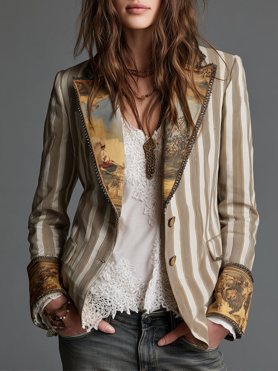 Striped Tapestry Print Lapel Single Button Blazer