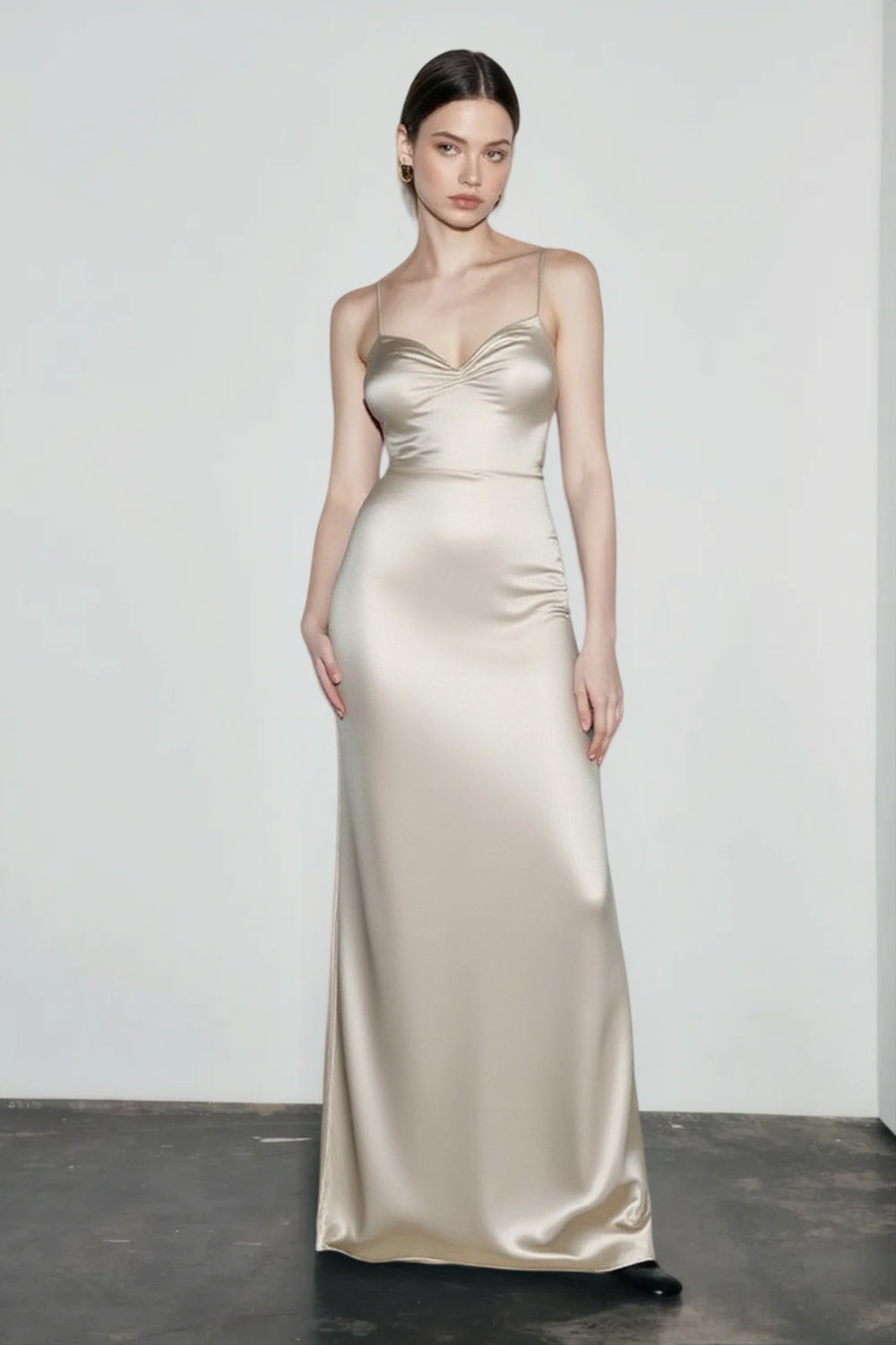 Satin Sweetheart Spaghetti Strap Ruched Bodycon Maxi Dress - View 5