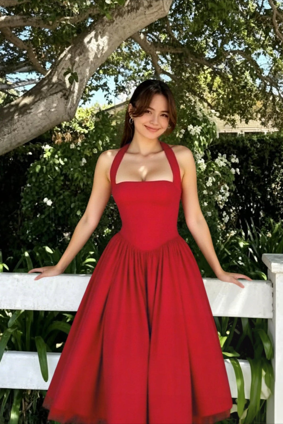 Halter Neck Square Neck Fit and Flare Midi Party Dress - View 7
