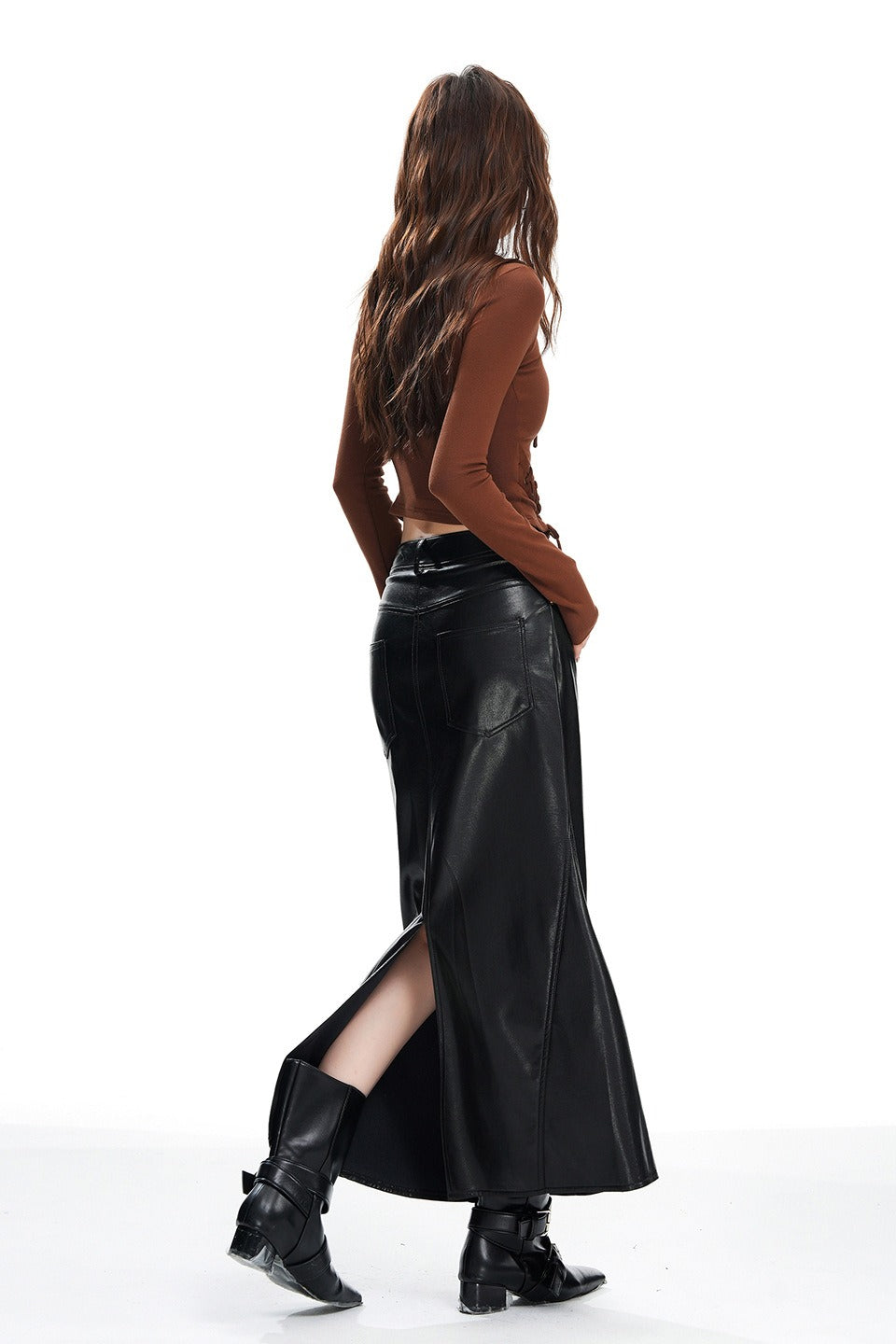 High Waist PU Back Slit Pencil Skirt