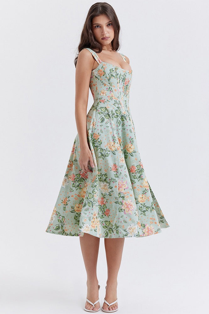 Floral Print Sweetheart Corset A-Line Midi Dress - View 8