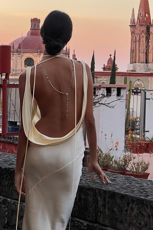 Satin Cowl Neck Spaghetti Strap Backless Bias Cut Slip Maxi Dress - View 2