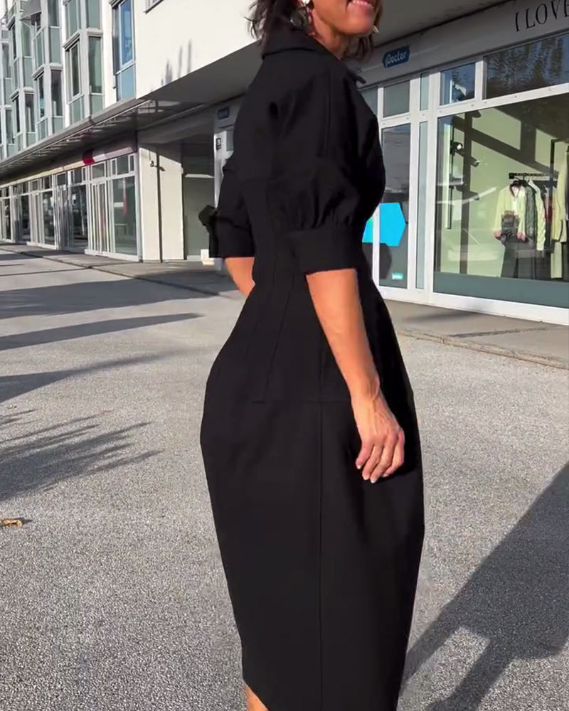 Collared V-Neck Short Sleeve Pocket Cocoon Midi Dress 7