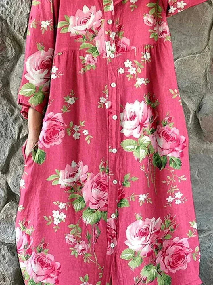 Rose Floral Button Front Long Sleeve Maxi Dress 3