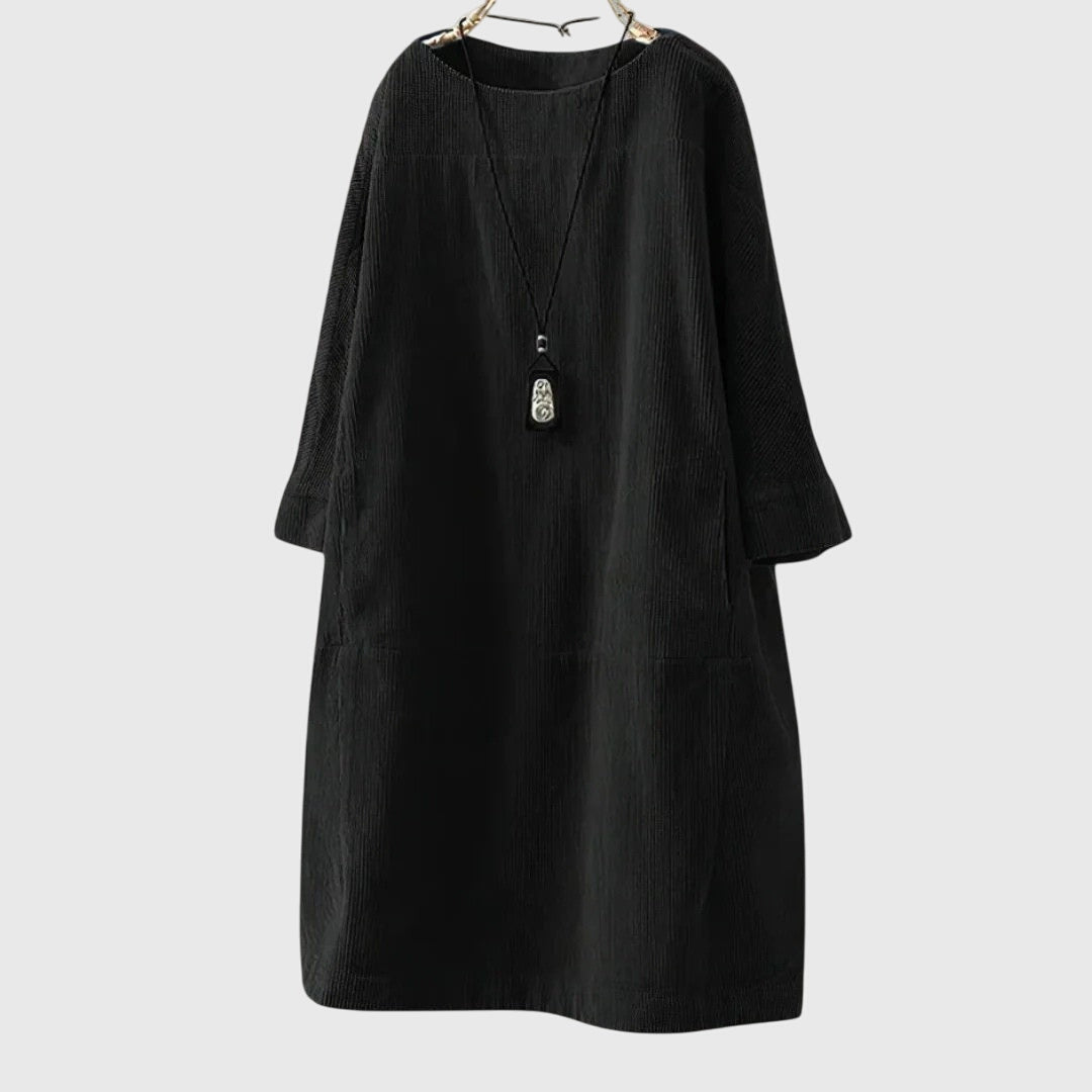 Corduroy Round Neck Long Sleeve Pocket Midi Dress