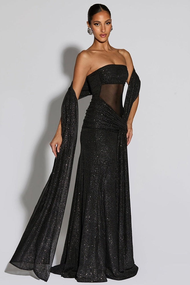 Strapless Draped Sash Shimmer Ruched Mermaid Maxi Gown 4