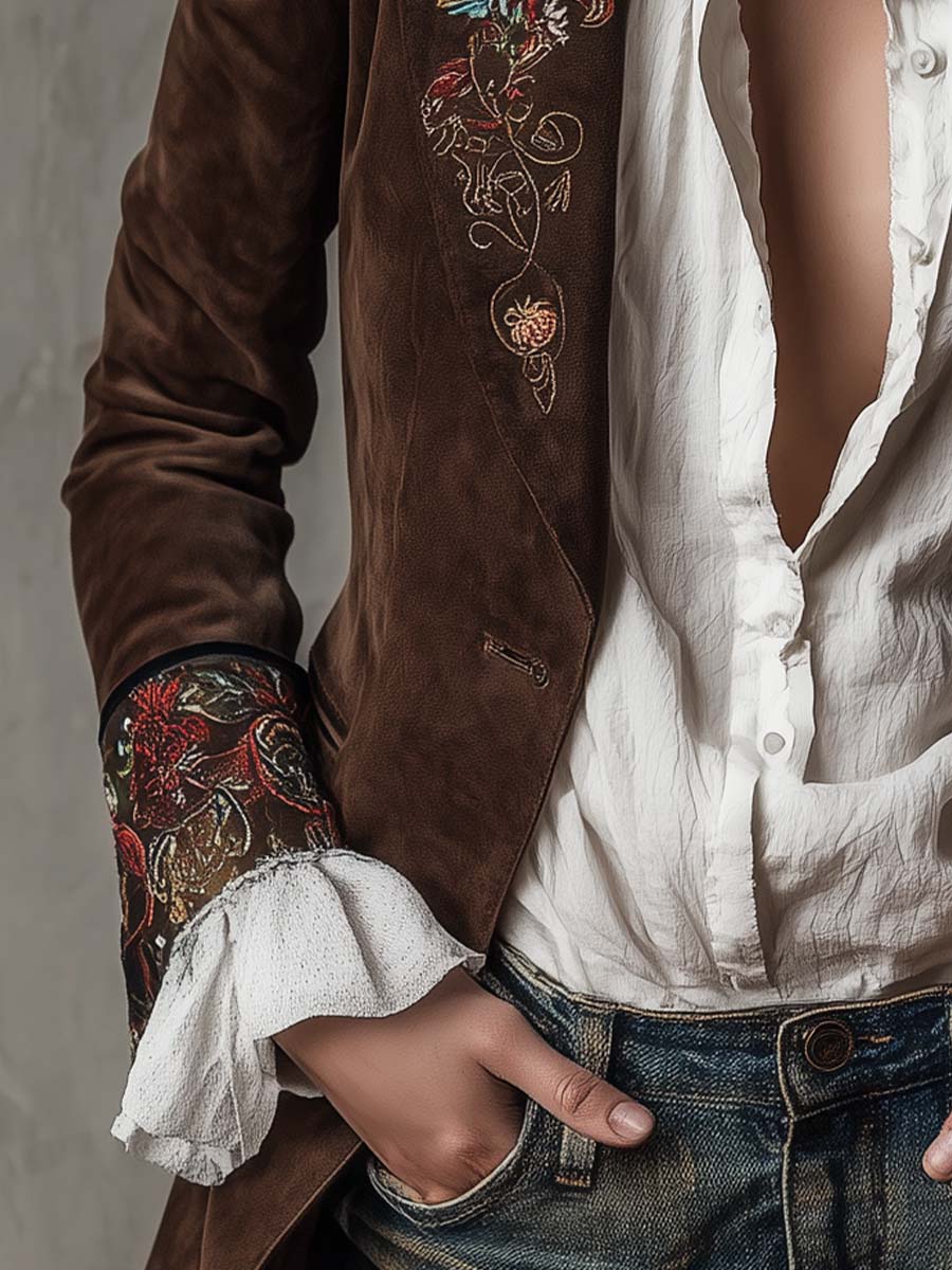 Suede Look Floral Embroidered Notch Lapel Blazer 4