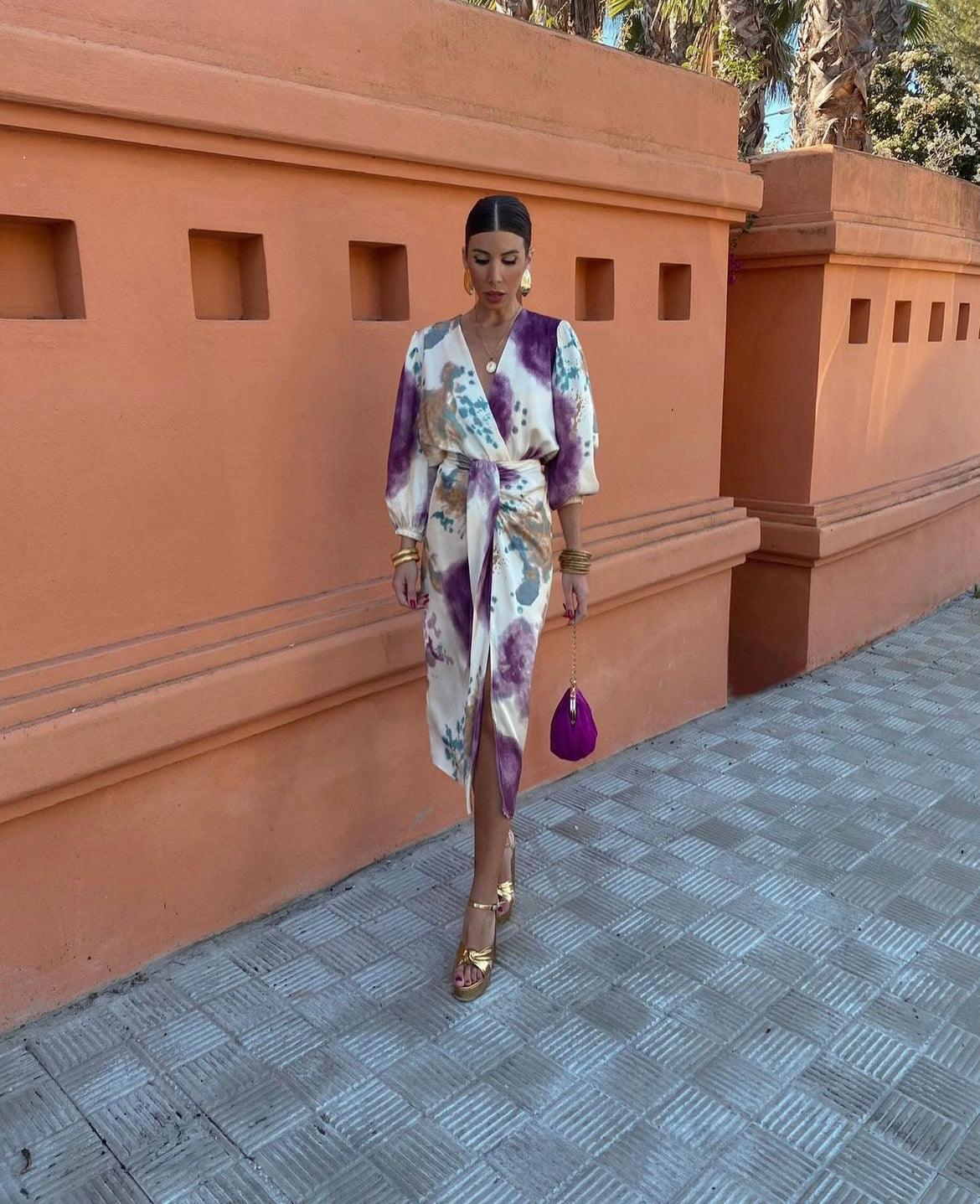 Floral Print V-Neck Long Sleeve Wrap Midi Dress 5