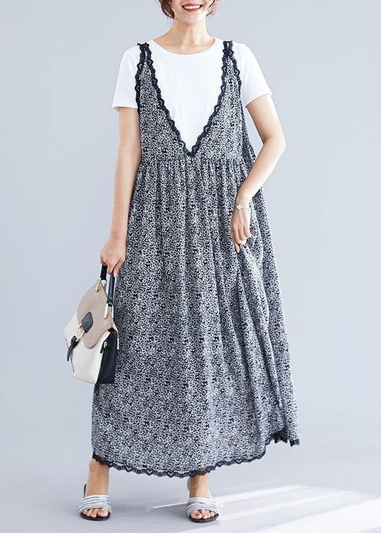 Floral Print V-Neck Lace Trim Scalloped Hem Sleeveless Maxi Dress - View 2