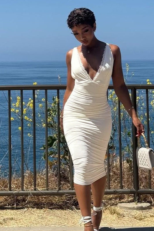 Deep V-Neck Spaghetti Strap Lace Trim Bodycon Midi Dress - View 4