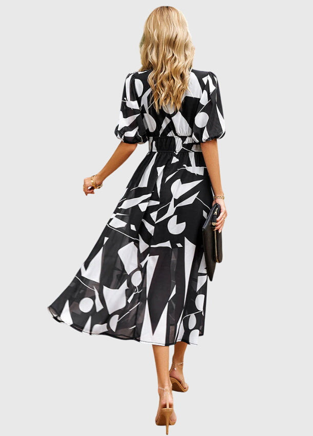 Floral Print Deep V-Neck Puff Sleeve High Waist Maxi Dress 5