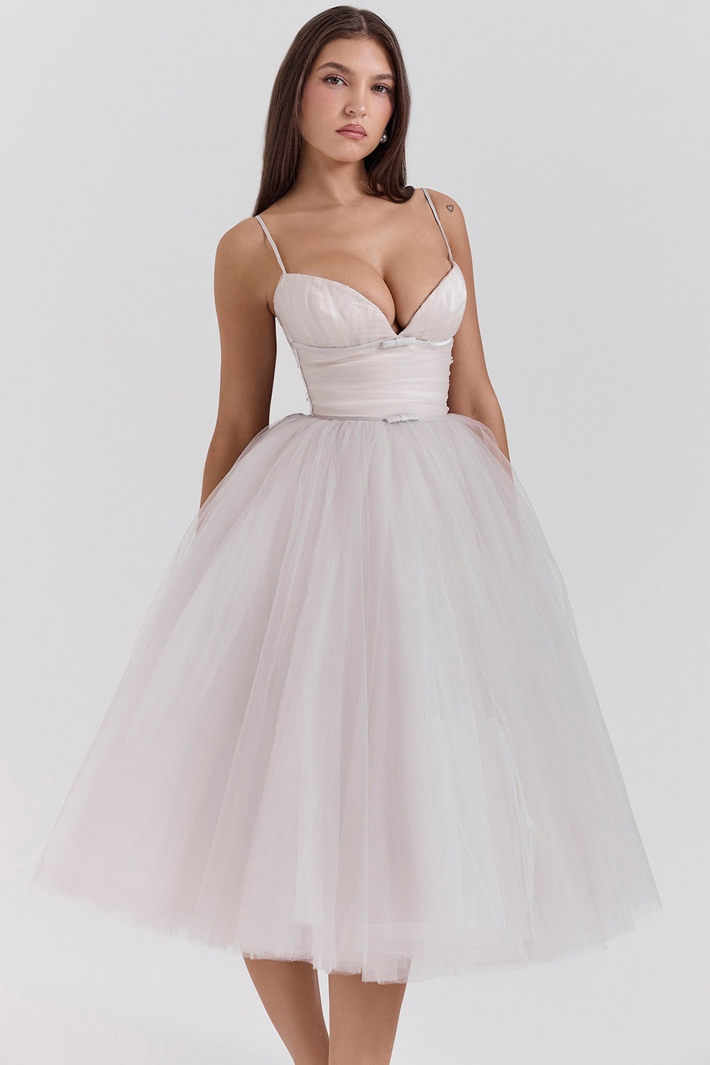Tulle Sweetheart Spaghetti Strap Corset Fit and Flare Midi Dress - View 12