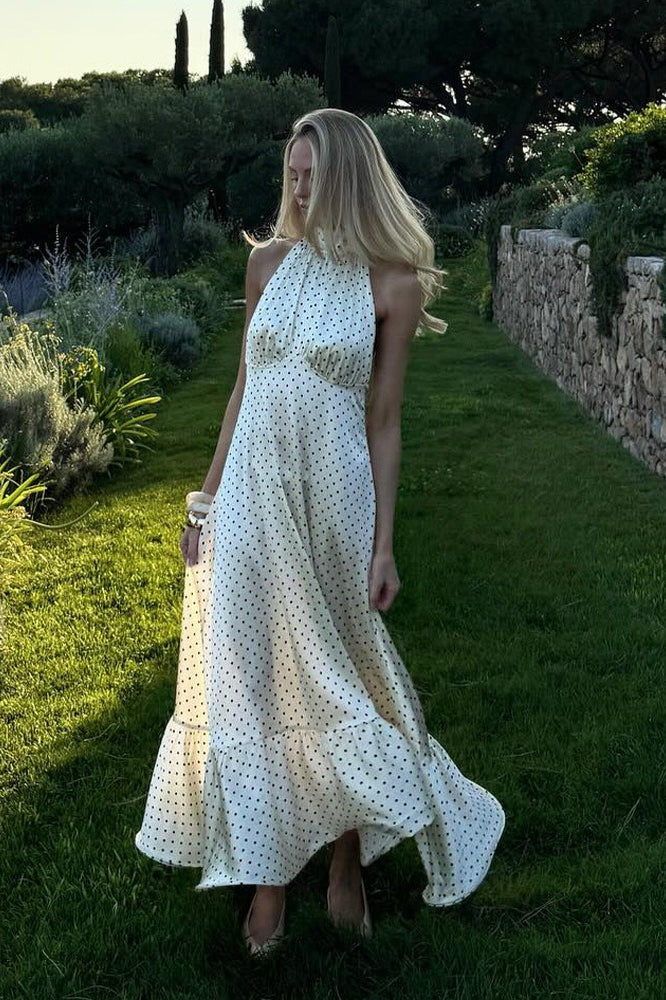 Polka Dot Backless Satin Maxi Dress - View 3