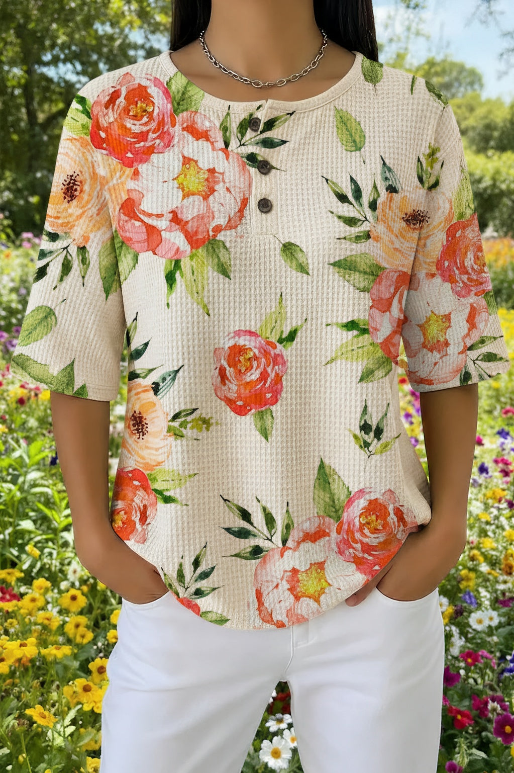 Button Neck Short Sleeve Floral Print Waffle Knit Top