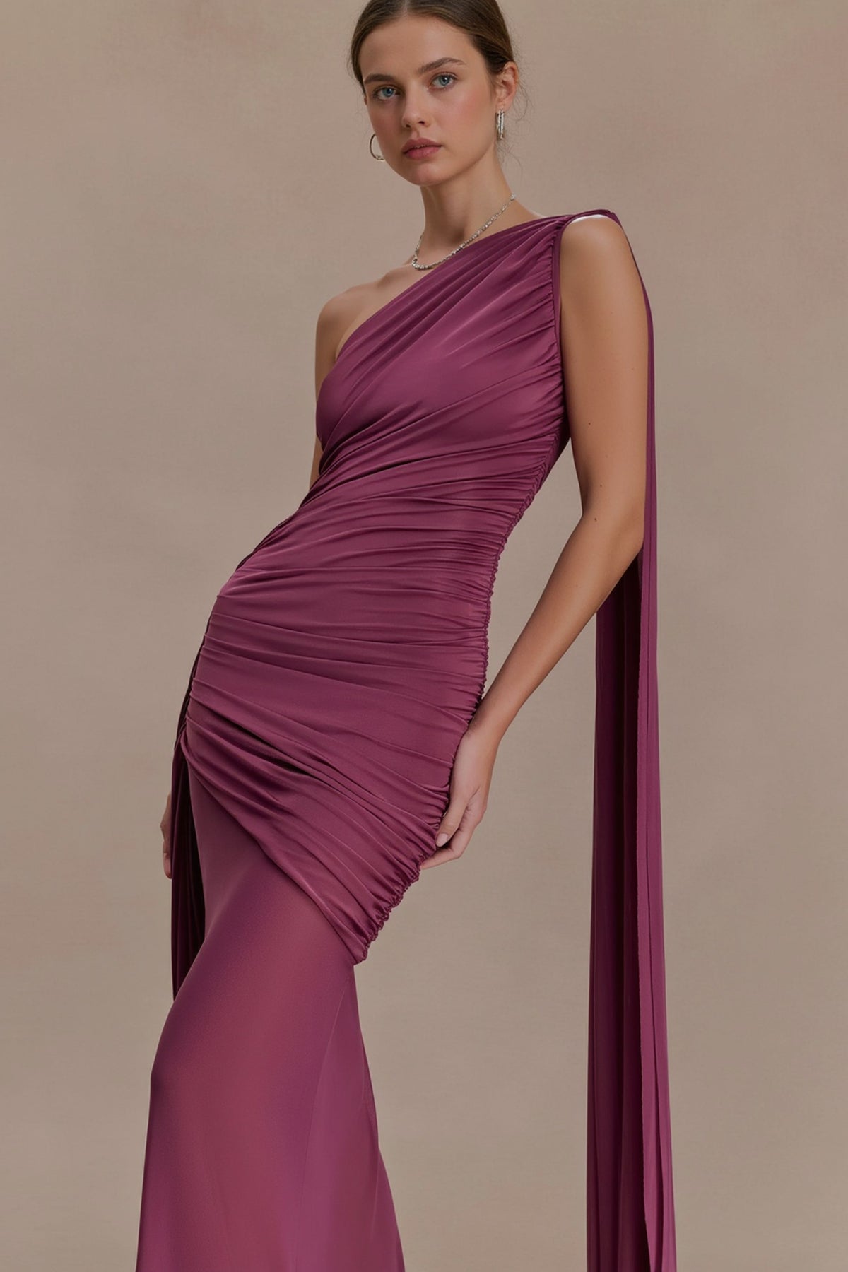 Mesh Paneled One Shoulder Cape Fitted Party Dress