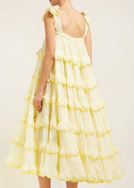 Spaghetti Strap Tiered Ruffle Scallop Embroidered Low Back Maxi Dress - View 5