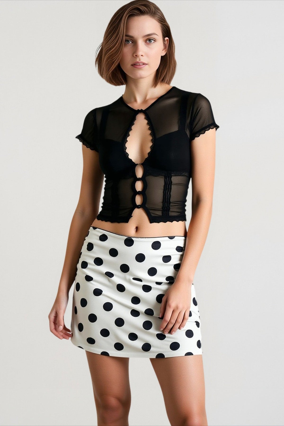 Keyhole Cut Out Short Sleeve Sheer Mesh Crop Top
