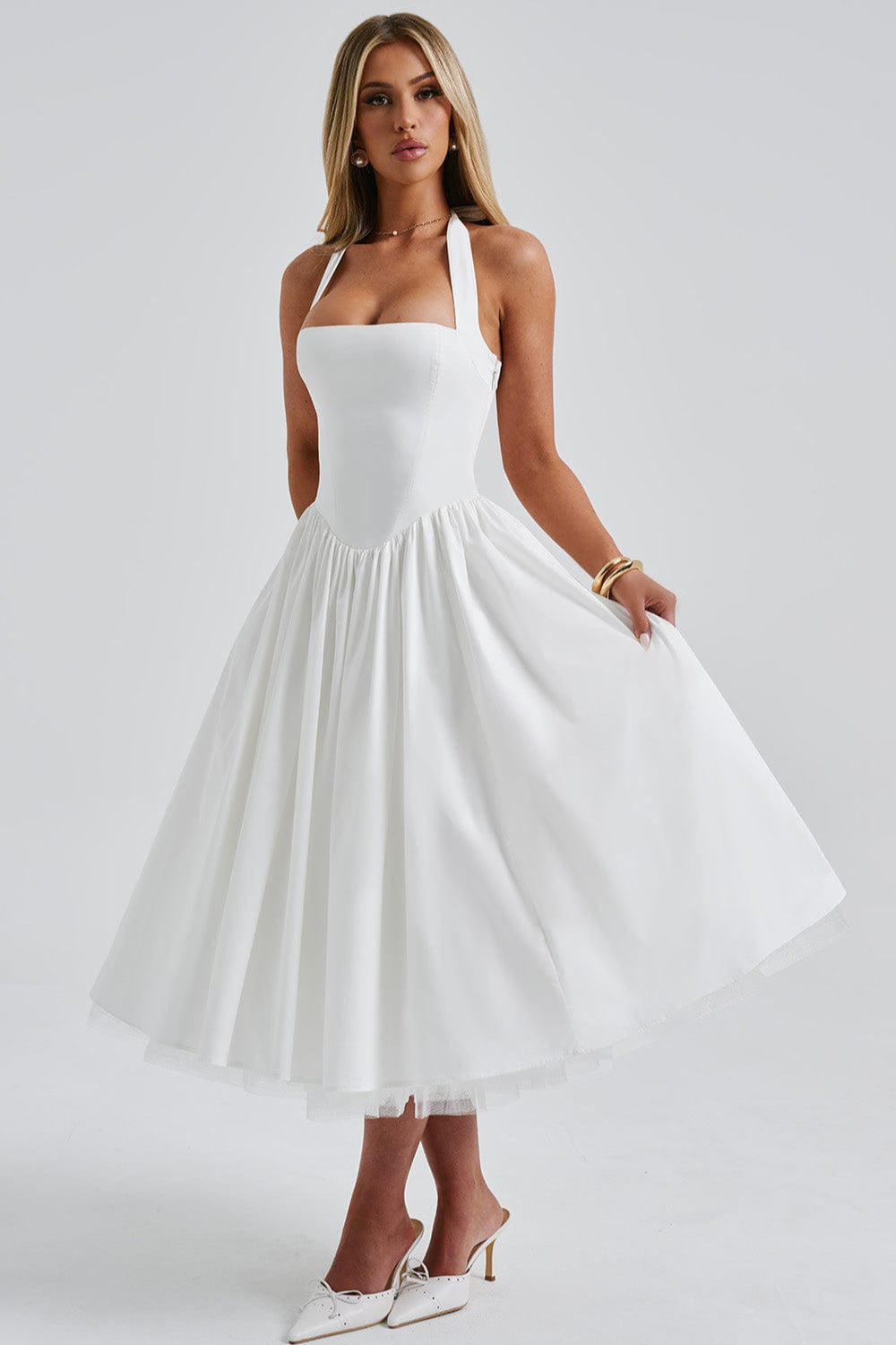 Halter Neck Basque Waist Pocket Gathered A-Line Midi Party Dress - View 2